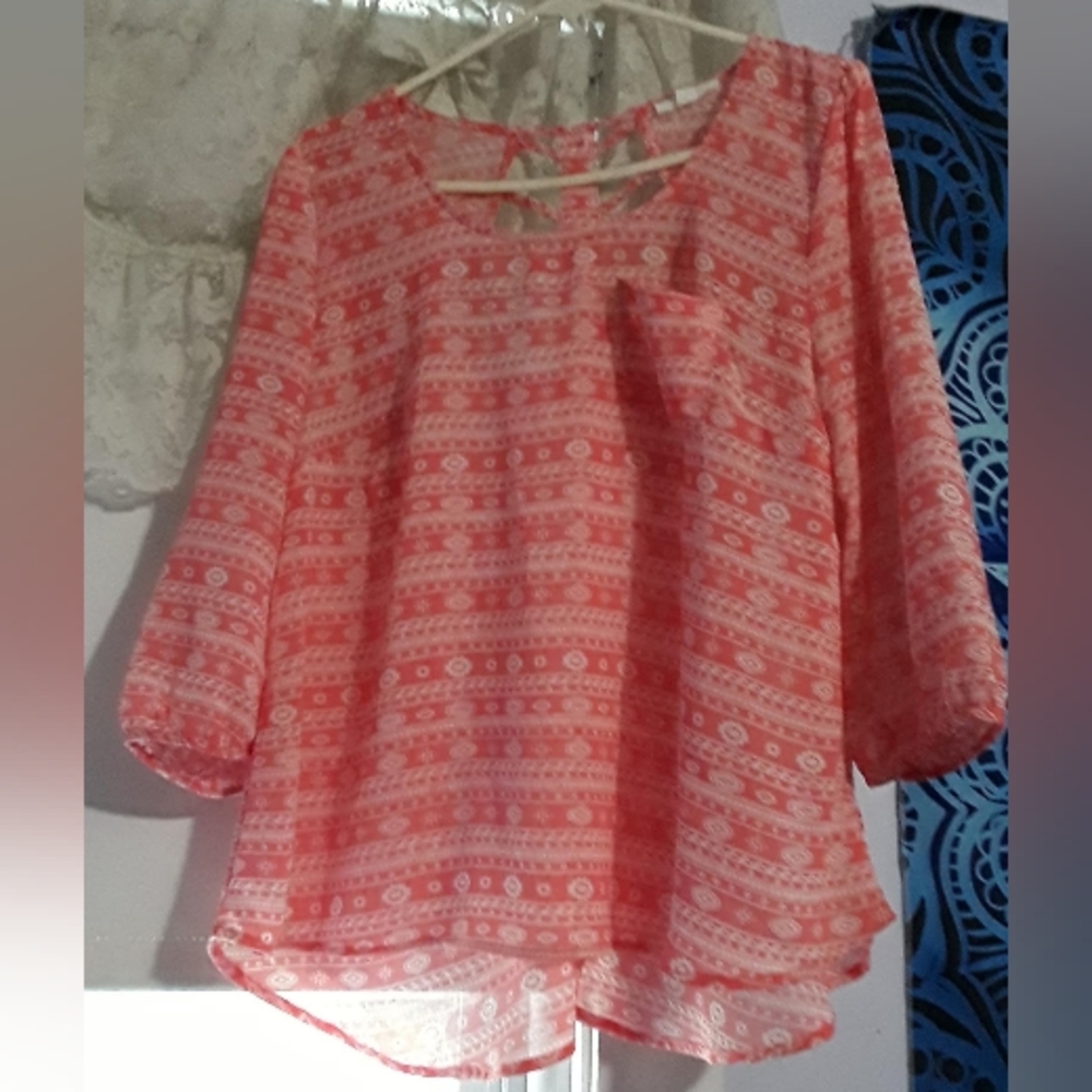 Women's Peasant Blouse by Mine, Coral/White, Size L